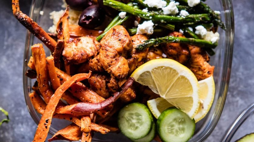 chicken shawarma and sweet potato fries
